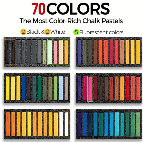 Long Soft Chalk Pastels Set, 72 Sticks, Includes 5 Fluorescent Colors, Non Toxic Soft Pastels for Artists, Beginners, Students, Classroom, Drawing, Blending, Layering