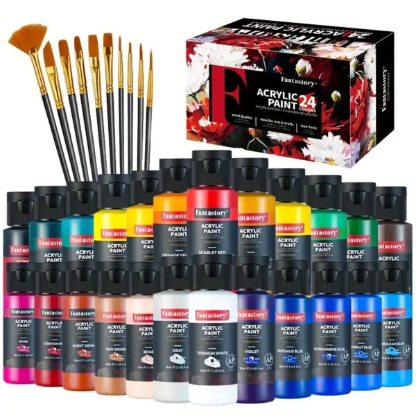 Fantastory 24pcs Acrylic Paint Set, 24 Classic Colors (2oz/60ml), Professional Craft Paint, Art Supplies Kit for Adults, Canvas/Fabric/Rock/Glass/Wood Painting with 12 Brushes