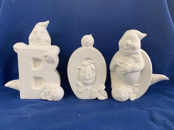IMG_9445_1.jpg "Boo Halloween 3 Piece Ghost Set - Ceramic Bisque, Ready to Paint, Unpainted, Made in USA - 7 1/2" Tall, 5" Width"
